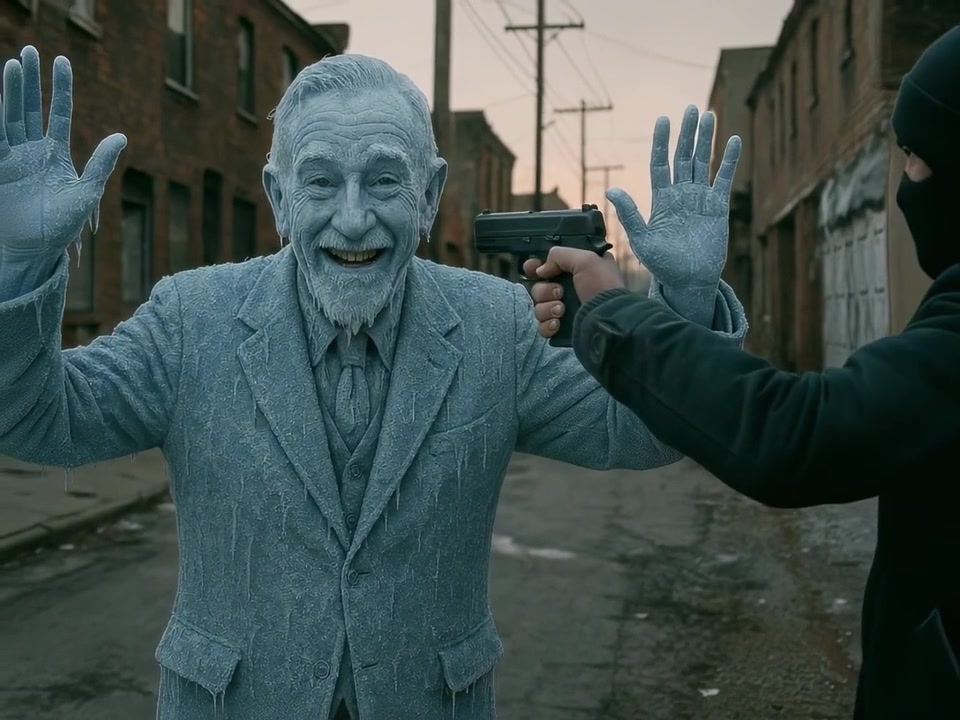 Frozen Walt smiles with both hands raised during a hold-up in an alley