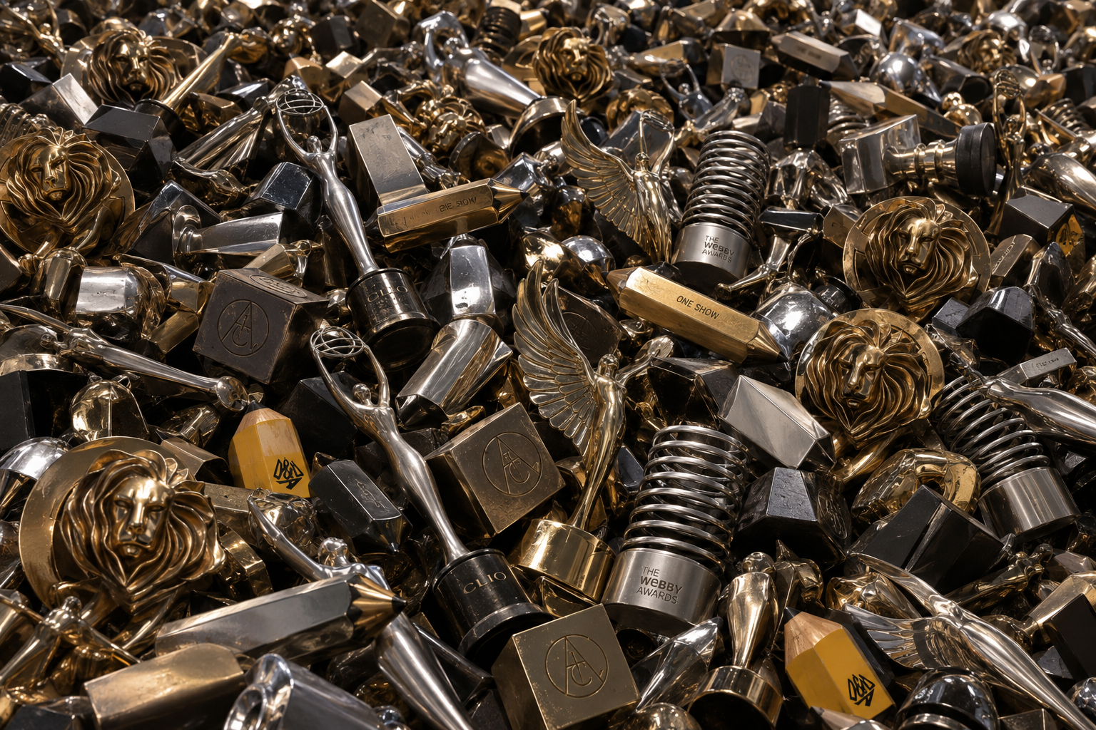 A sea of carelessly piled advertising trophies glowing with golden sparkles