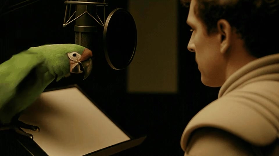 A parrot spreads its wings beside an actor at the recording microphone