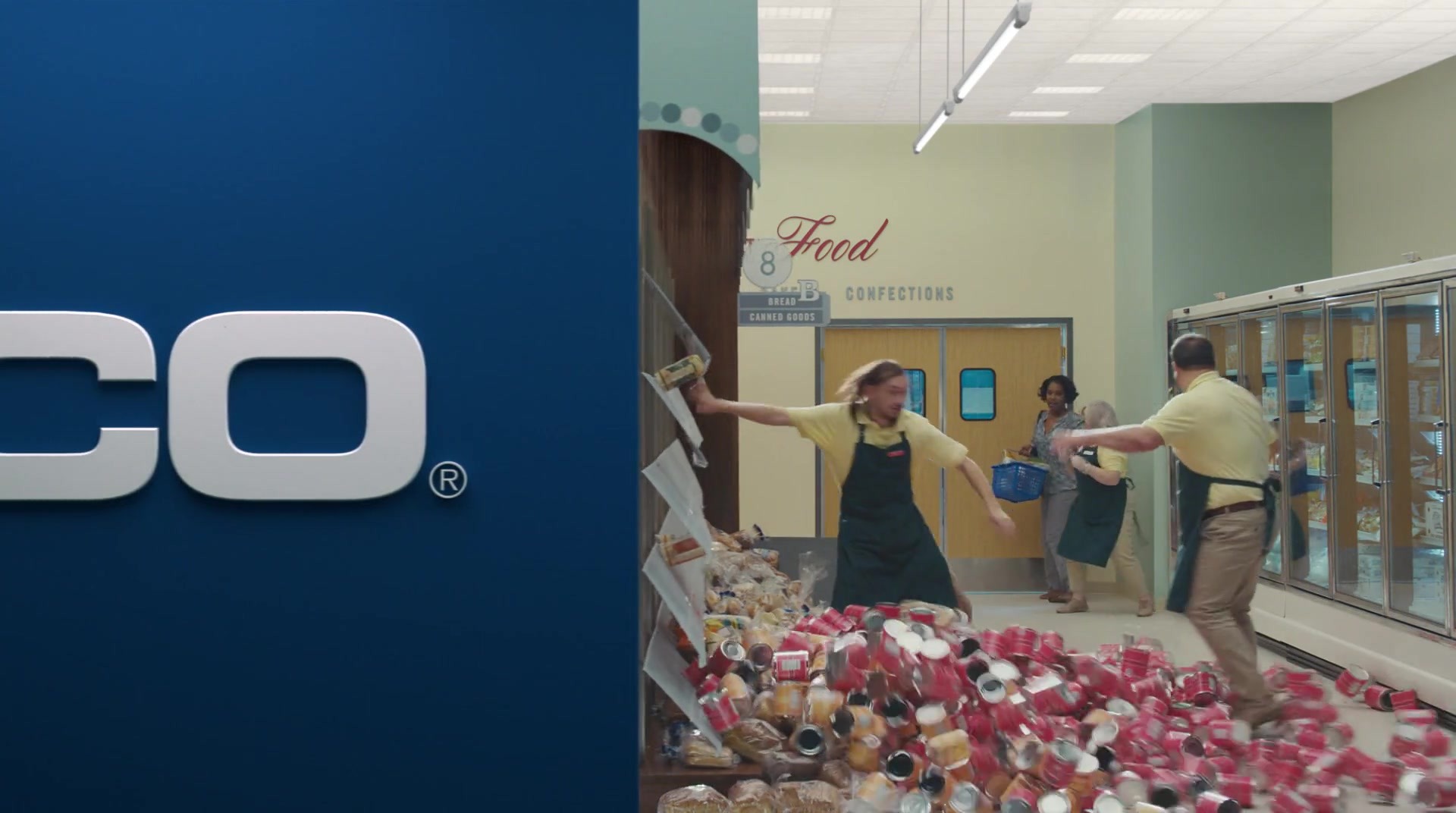 Grocery shelves collapsing and cans tumbling