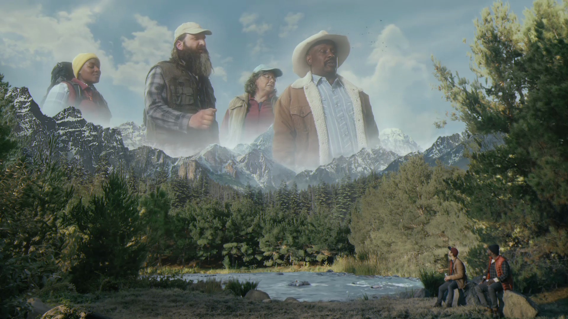 A giant choir towers over the mountains while two hikers watch beside the lake